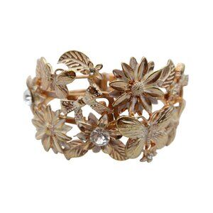 Gold Tone Cream Enamel Floral Butterfly Clamper Bracelet Art Nouveau Rhinestone